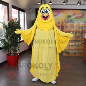 Lemon Yellow Fajitas mascot costume character dressed with a Maxi Dress and Hair clips