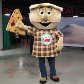 Beige Pizza Slice mascot costume character dressed with a Flannel Shirt and Hairpins