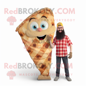 Beige Pizza Slice mascot costume character dressed with a Flannel Shirt and Hairpins