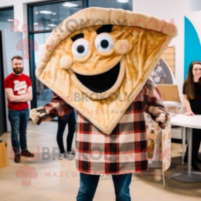 Beige Pizza Slice mascot costume character dressed with a Flannel Shirt and Hairpins