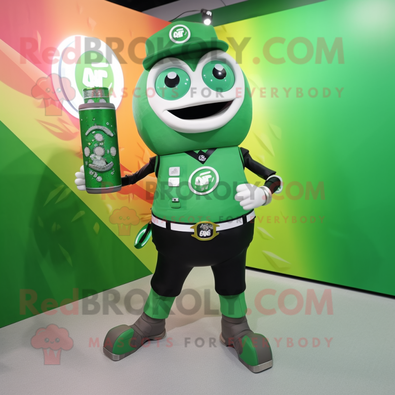 Forest Green Soda Can mascot costume character dressed with a Vest and Smartwatches