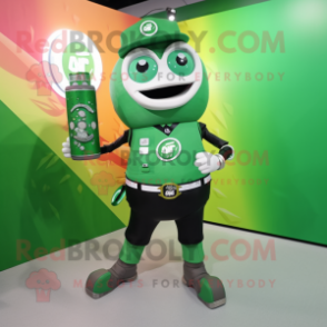 Forest Green Soda Can mascot costume character dressed with a Vest and Smartwatches