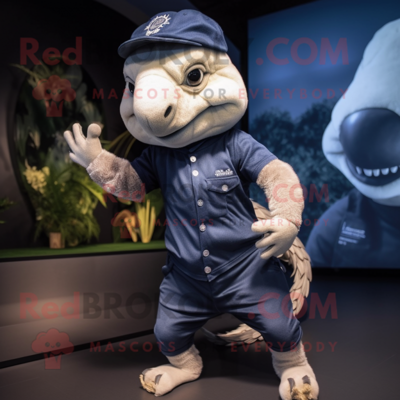 Navy Pangolin Mascot Costume Character Dressed With A Jeggings And Caps Mascot Costumes 7278