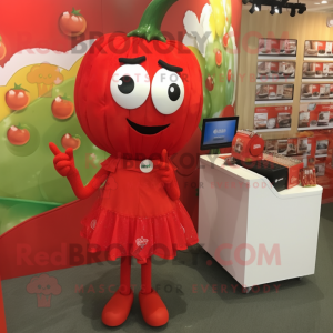 Red Tomato mascot costume character dressed with a Pencil Skirt and Hair clips