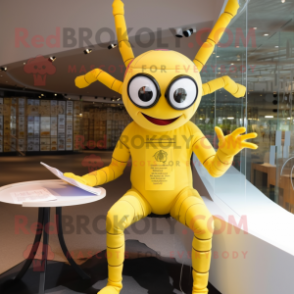 Yellow Spider mascot costume character dressed with a Jumpsuit and Reading glasses