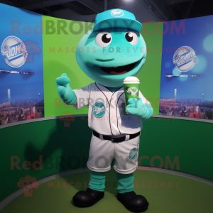 Cyan Green Beer mascot costume character dressed with a Baseball Tee and Cufflinks