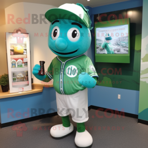 Cyan Green Beer mascot costume character dressed with a Baseball Tee and Cufflinks