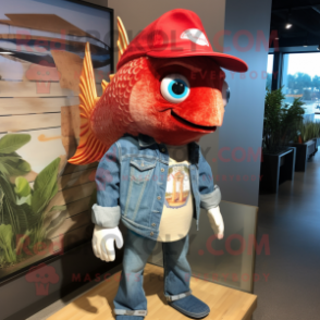 Red Fish Tacos mascot costume character dressed with a Denim Shirt and Earrings