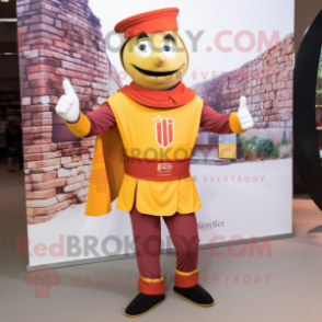 Olive Swiss Guard mascot costume character dressed with a Henley Shirt and Suspenders