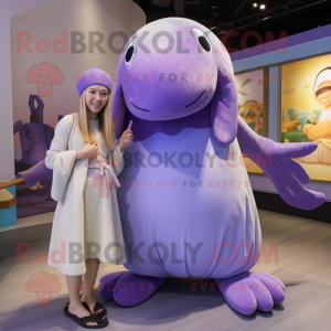 Lavender Walrus mascot costume character dressed with a Empire Waist Dress and Beanies