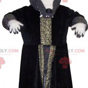 Mascotte lupo grigio con il suo grande cappotto da mago -