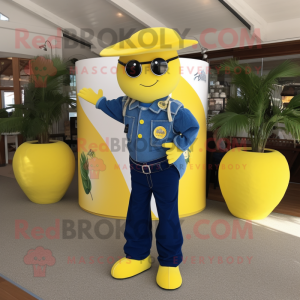 Navy Lemon mascot costume character dressed with a Bootcut Jeans and Rings