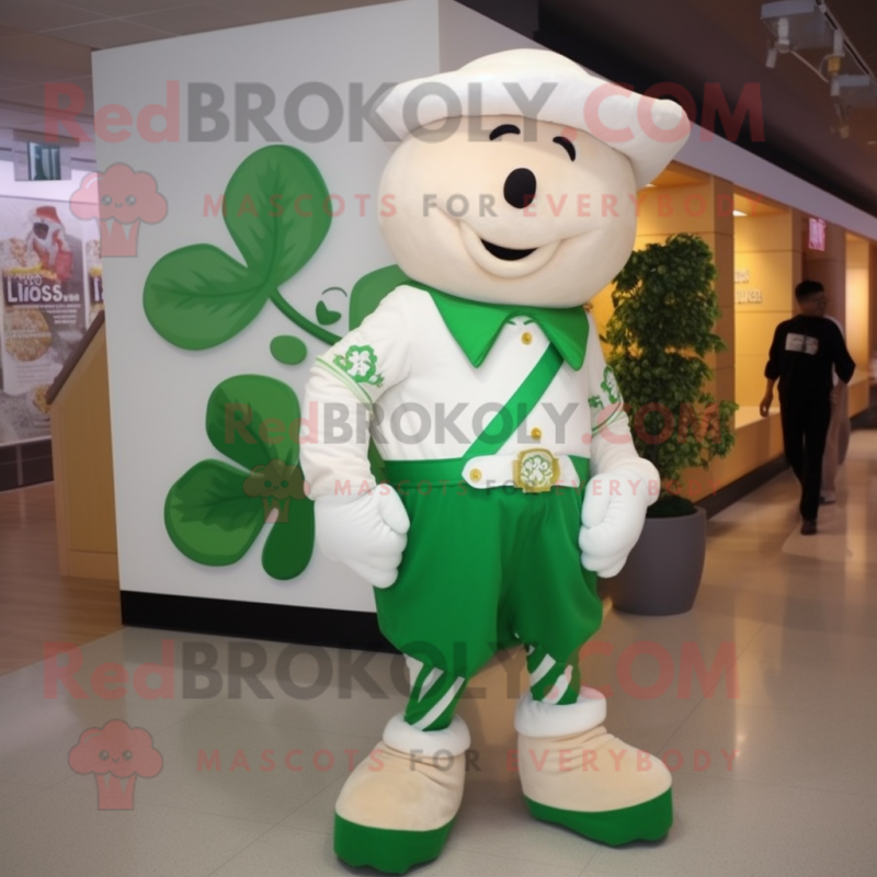 Cream Bunch Of Shamrocks mascot costume character dressed with a Button-Up Shirt and Shoe laces