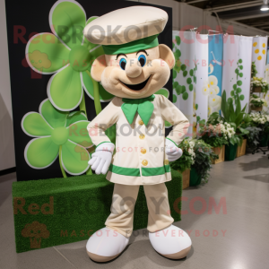 Cream Bunch Of Shamrocks mascot costume character dressed with a Button-Up Shirt and Shoe laces