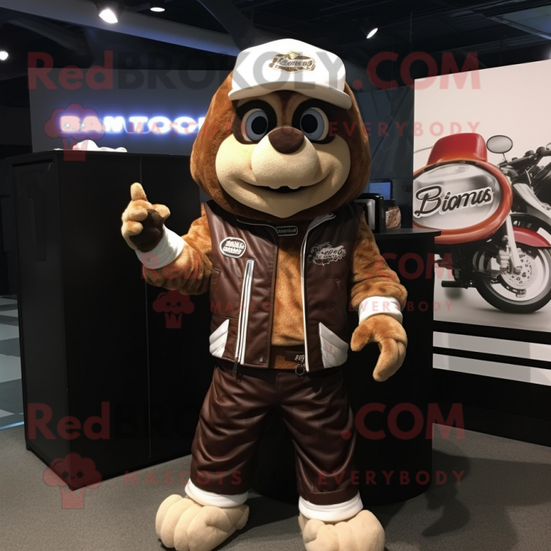 nan Beef Stroganoff mascot costume character dressed with a Moto Jacket and Beanies