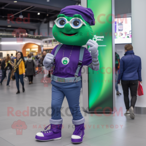 Purple Irish Flag mascot costume character dressed with a Skinny Jeans and Smartwatches