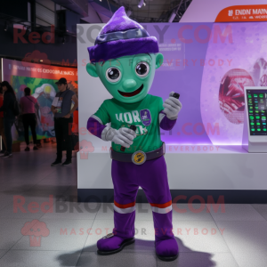 Purple Irish Flag mascot costume character dressed with a Skinny Jeans and Smartwatches