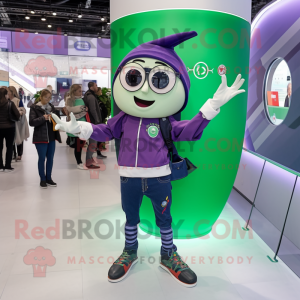 Purple Irish Flag mascot costume character dressed with a Skinny Jeans and Smartwatches
