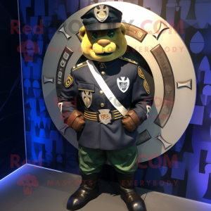 Navy Celtic Shield mascot costume character dressed with a Bomber Jacket and Lapel pins
