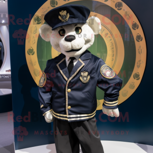 Navy Celtic Shield mascot costume character dressed with a Bomber Jacket and Lapel pins