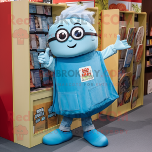 Sky Blue Ramen mascot costume character dressed with a Jeans and Reading glasses