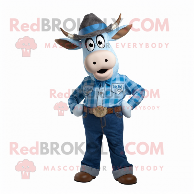 Blue Beef Stroganoff mascot costume character dressed with a Overalls and Tie pins