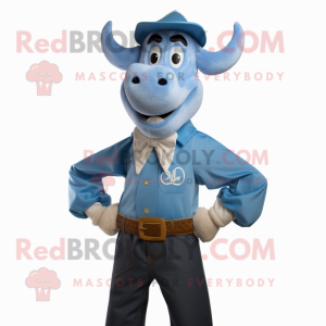 Blue Beef Stroganoff mascot costume character dressed with a Overalls and Tie pins
