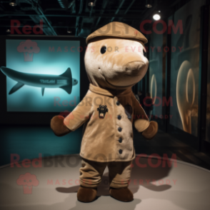 Brown Narwhal mascot costume character dressed with a Jacket and Berets
