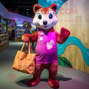 Magenta Marten mascot costume character dressed with a Swimwear and Tote bags