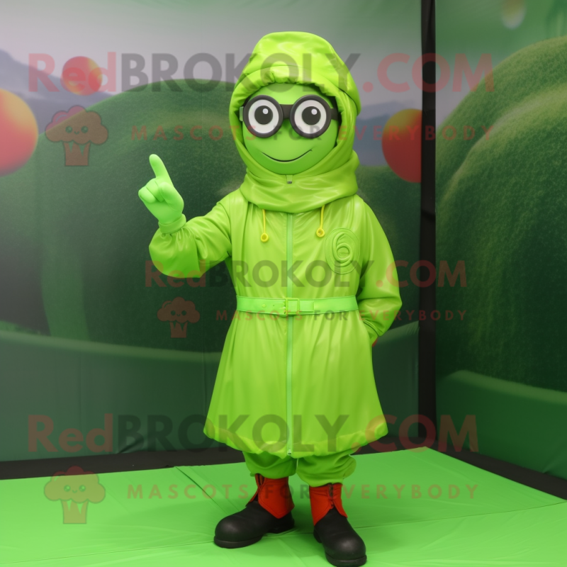 Lime Green Commando mascot costume character dressed with a Raincoat and Eyeglasses