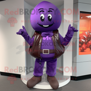 Purple Chocolates mascot costume character dressed with a Jeggings and Suspenders