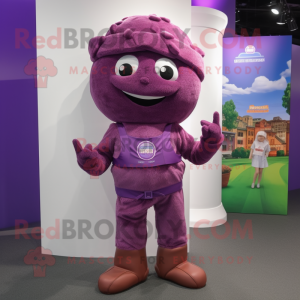 Purple Chocolates mascot costume character dressed with a Jeggings and Suspenders