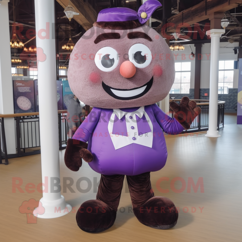 Purple Chocolates mascot costume character dressed with a Jeggings and Suspenders