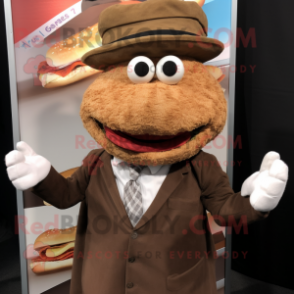 Brown Pulled Pork Sandwich mascot costume character dressed with a Blazer and Mittens