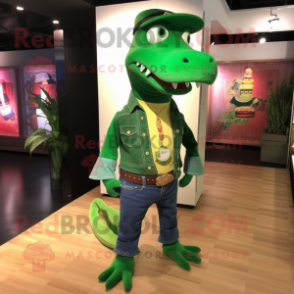 Green Crocodile mascot costume character dressed with a Bootcut Jeans and Necklaces