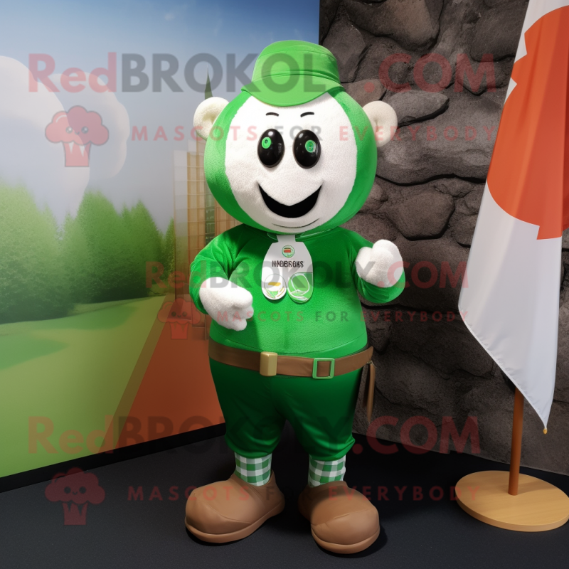Olive Irish Flag mascot costume character dressed with a Poplin Shirt and Lapel pins