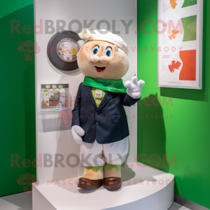 Olive Irish Flag mascot costume character dressed with a Poplin Shirt and Lapel pins