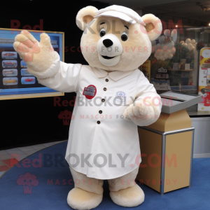 Cream Teddy Bear mascot costume character dressed with a Cover-up and Shoe clips