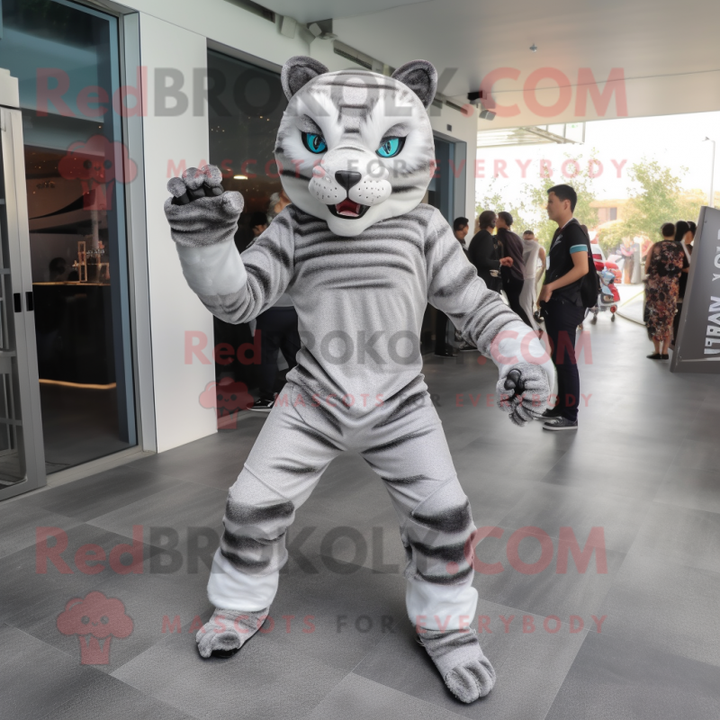 Silver Tiger mascot costume character dressed with a Bodysuit and Bracelets  - Mascot Costumes -  Sizes L (175-180CM)