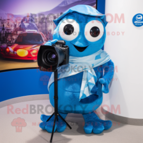 Blue Camera mascot costume character dressed with a Romper and Scarves