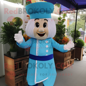 Sky Blue Pad Thai mascot costume character dressed with a Waistcoat and Gloves