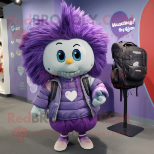 Lavender Heart mascot costume character dressed with a Coat and Backpacks