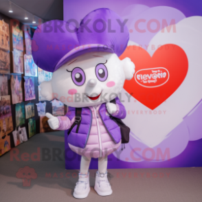 Lavender Heart mascot costume character dressed with a Coat and Backpacks