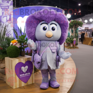 Lavender Heart mascot costume character dressed with a Coat and Backpacks