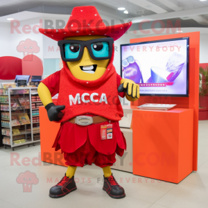 Red Nachos mascot costume character dressed with a Bermuda Shorts and Reading glasses