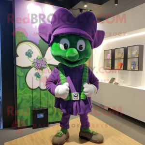 Purple Four Leaf Clover mascot costume character dressed with a Sweatshirt and Berets