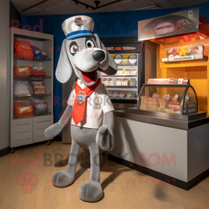 Silver Hot Dogs mascot costume character dressed with a Henley Tee and Lapel pins
