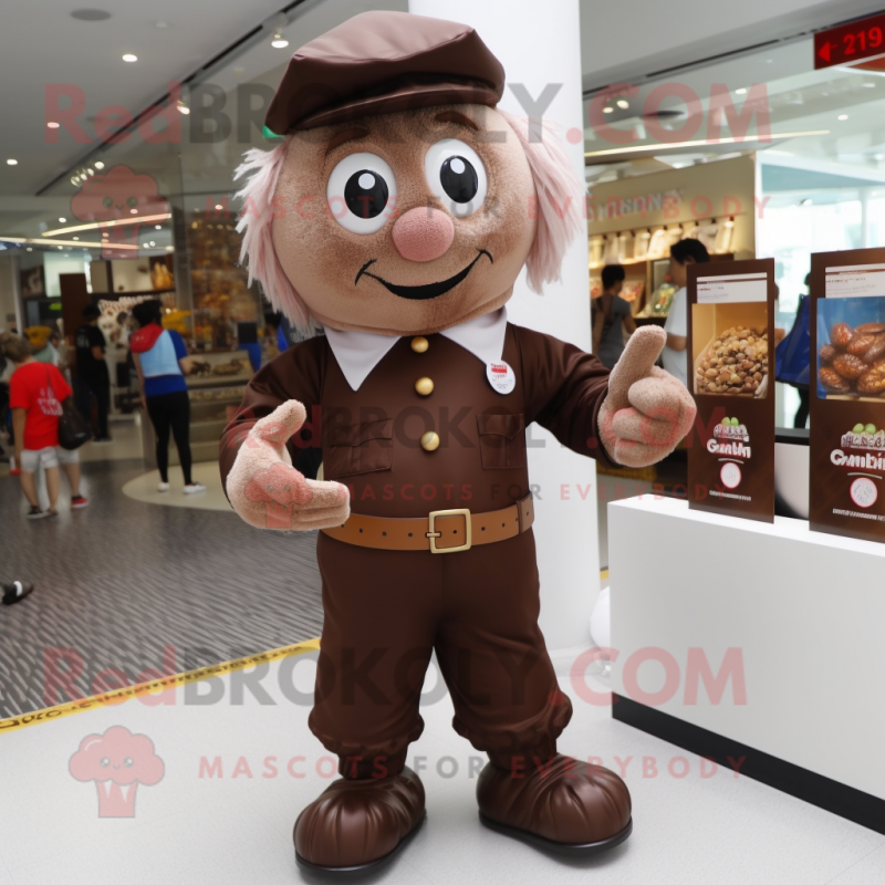 nan Chocolates mascot costume character dressed with a Polo Tee and Brooches