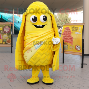 Lemon Yellow Enchiladas mascot costume character dressed with a Parka and Wallets