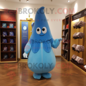 Blue Pear mascot costume character dressed with a Sheath Dress and Hat pins